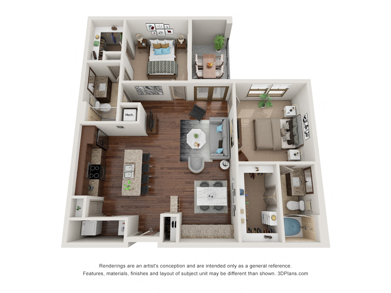 Floor plan for 2 beds, 2 baths, 1134 sqft